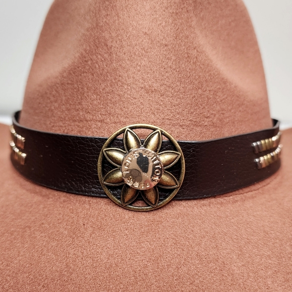 Tan Premium Felt Fedora Hat w/Removable Hat Band Adorned w/LV Embossed Button - Picture 4 of 9